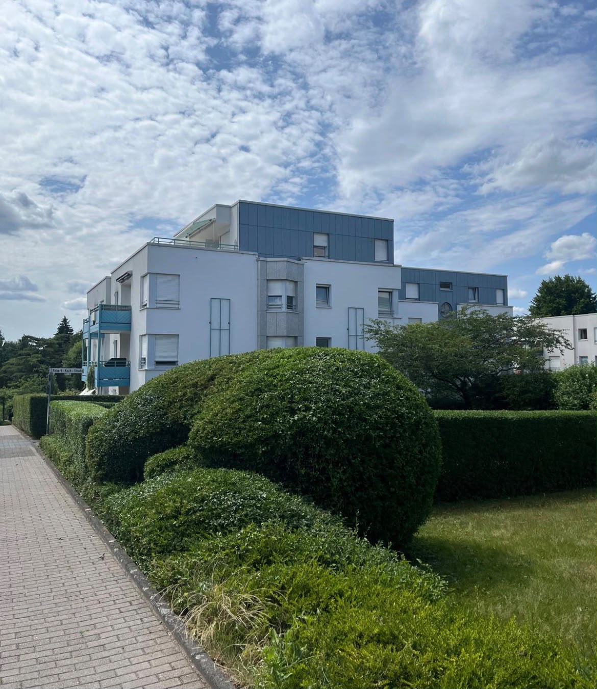 Geschnittene Hecken und gepflegte Grünflächen bei einem Mehrfamilienhaus