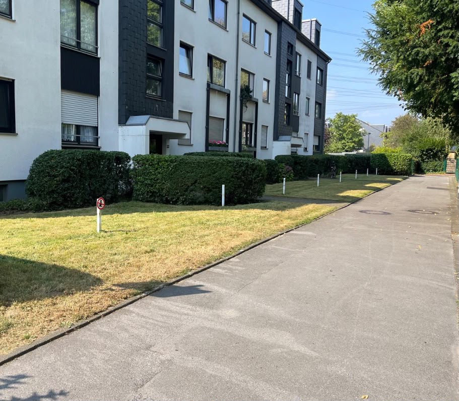 Gepflegter Wohnweg mit geschnittenen Hecken und Rasenflächen